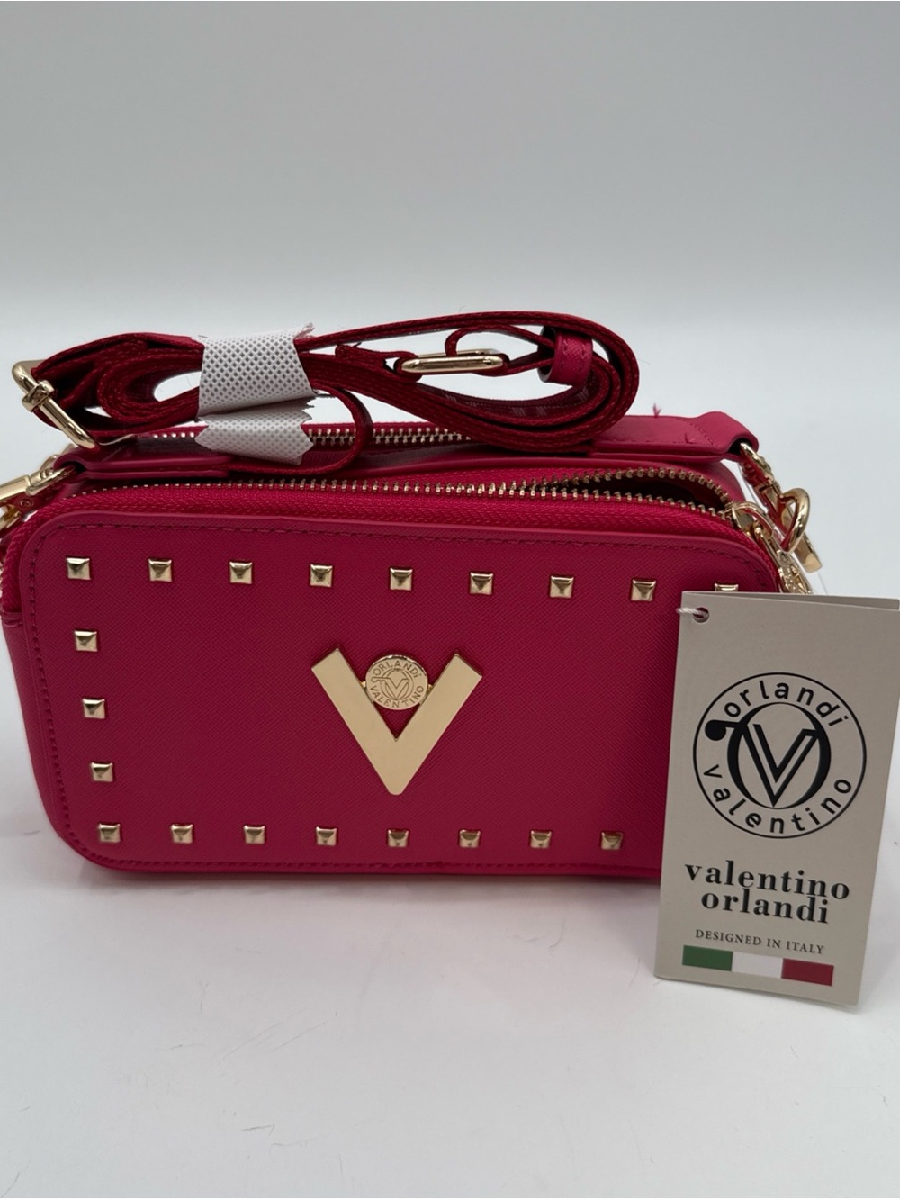 Valentino Orlandi Fuchsia Studded Double-Zip Crossbody with Gold Hardware